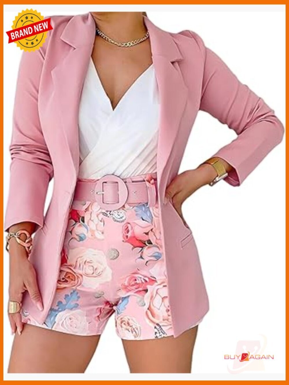 2 Piece Blazer Set Open Front Blazer with Floral Print Shorts Belted Summer
